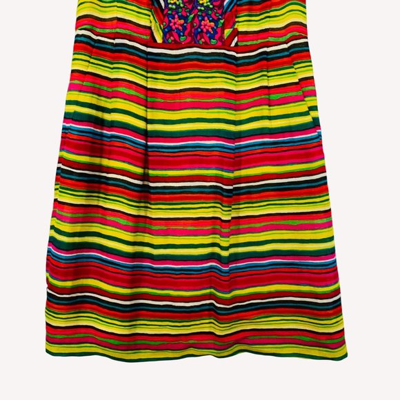 Nanette Lepore Linen Dress Size 8 Vibrant Stripes Beaded Neck Ruffle Accent - Picture 5 of 15